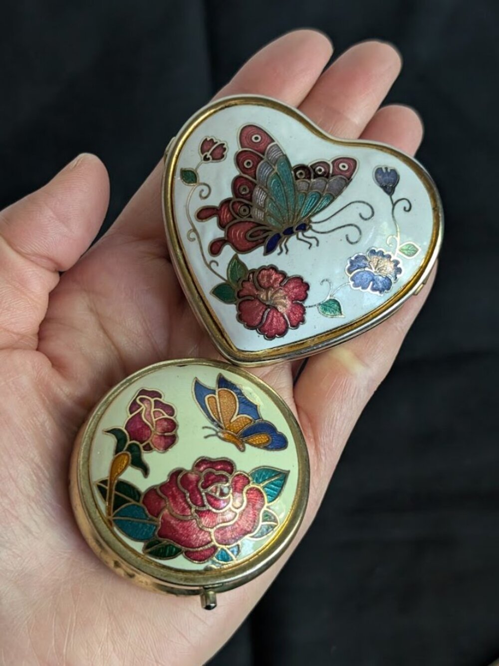Lot of 2 Cloisonne Enamel Butterfly Floral Trinket/ Pill / Snuff Box